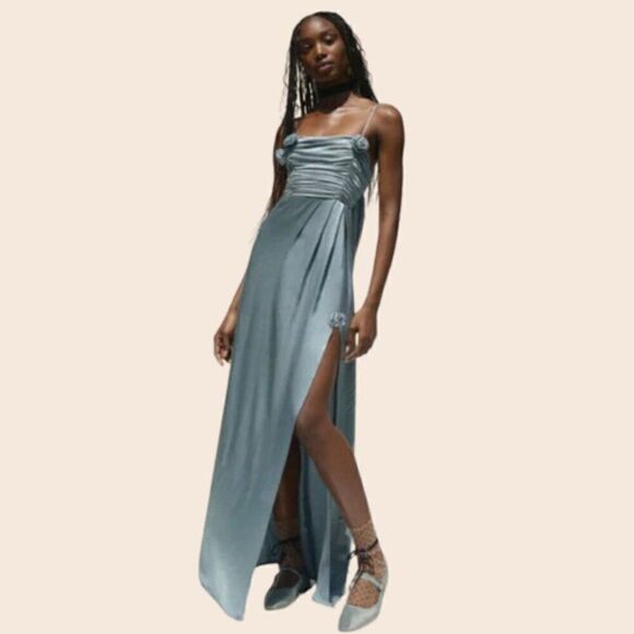 For Love & Lemons Winona Dusty Blue Maxi Satin Gown NWT Size XL - Picture 1 of 14